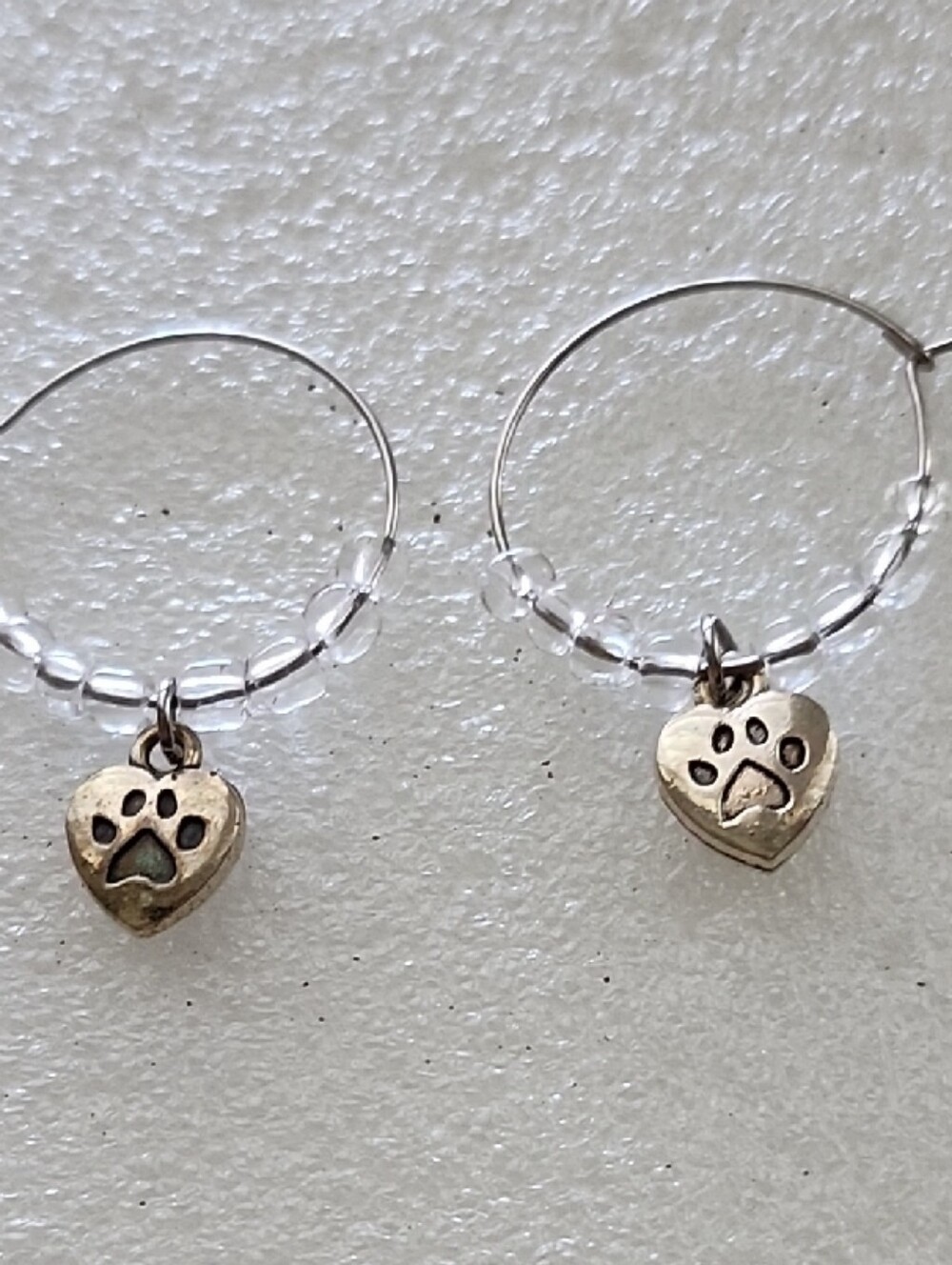 Hand Crafted Silver-Tone Hoop Earrings with Heart Paw Charms